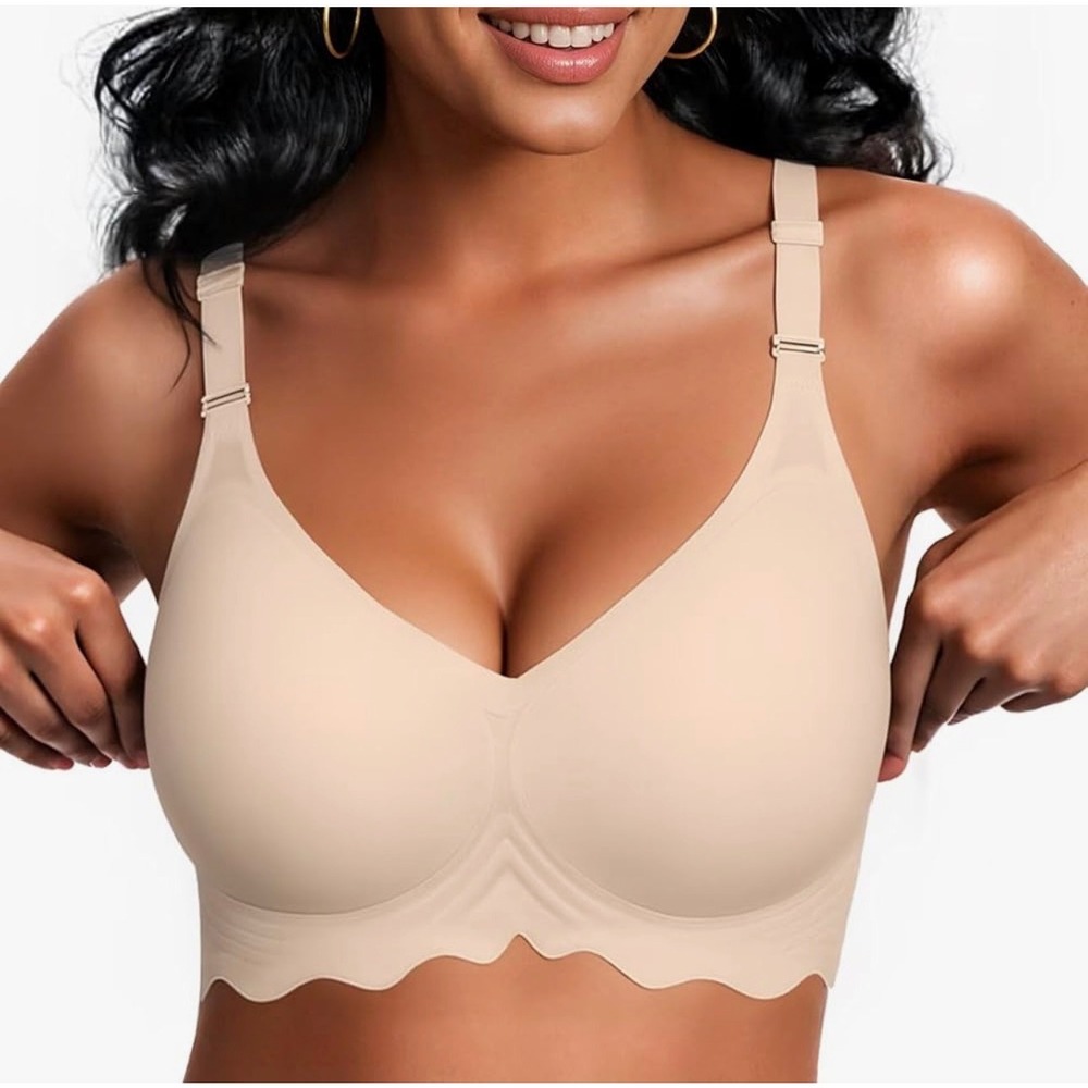VertVie Wireless‎ Support Bra Beige Convertible Straps Seamless Scalloped Large